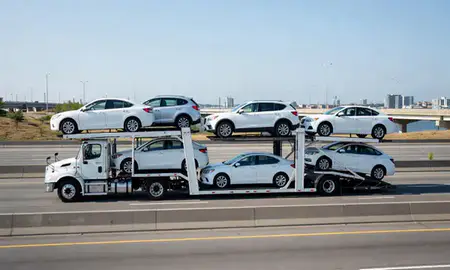 Multi-level car carrier on the highway to Jersey City, New Jersey, United States