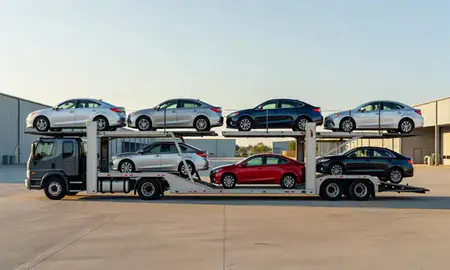 Car transporter parked in an industrial area of Jersey City, New Jersey, United States