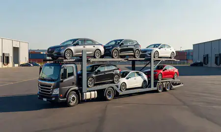 Car transporter loaded with vehicles in Jersey City, New Jersey, United States