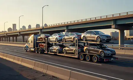 Car transporter with the Jersey City, New Jersey, United States skyline behind it