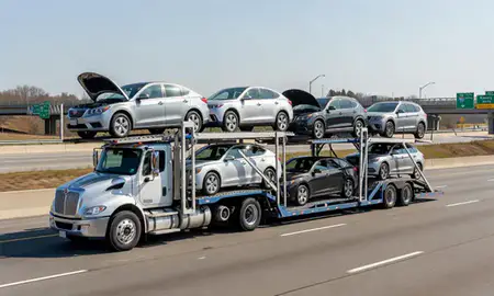 Multi-level car carrier on the highway to Kearny, New Jersey, United States