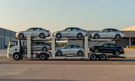 Car transporter parked in an industrial area of Kearny, New Jersey, United States