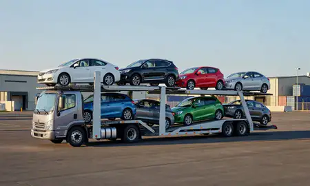 Car transporter loaded with vehicles in Kearny, New Jersey, United States