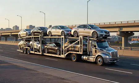 Car transporter with the Kearny, New Jersey, United States skyline behind it