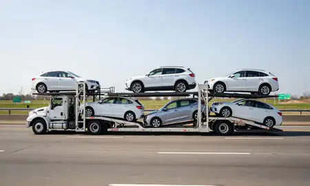Multi-level car carrier on the highway to Linden, New Jersey, United States