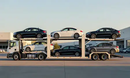 Car transporter parked in an industrial area of Linden, New Jersey, United States