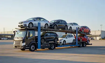 Car transporter loaded with vehicles in Linden, New Jersey, United States