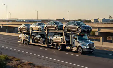 Car transporter with the Linden, New Jersey, United States skyline behind it