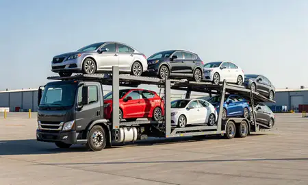 Car transporter loaded with vehicles in Long Branch, New Jersey, United States