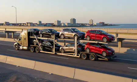 Car transporter with the Long Branch, New Jersey, United States skyline behind it
