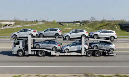 Multi-level car carrier on the highway to New Brunswick, New Jersey, United States