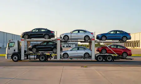 Car transporter parked in an industrial area of New Brunswick, New Jersey, United States