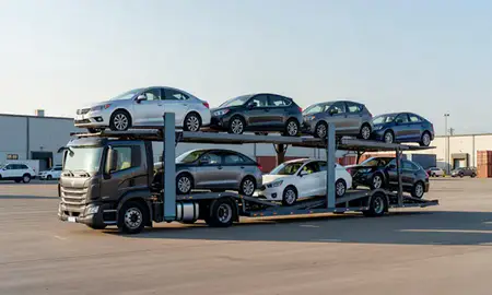 Car transporter loaded with vehicles in New Brunswick, New Jersey, United States
