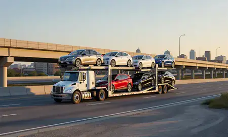 Car transporter with the New Brunswick, New Jersey, United States skyline behind it