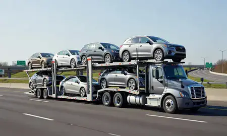 Multi-level car carrier on the highway to Newark, New Jersey, United States