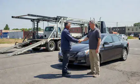 Vehicle owner beside their delivered car in Newark, New Jersey, United States