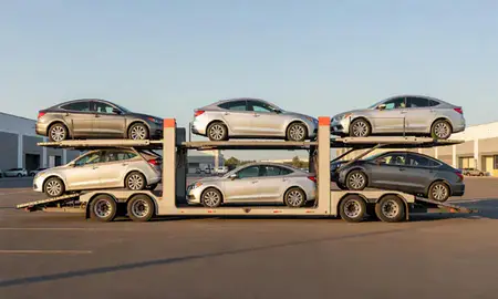 Car transporter parked in an industrial area of Newark, New Jersey, United States
