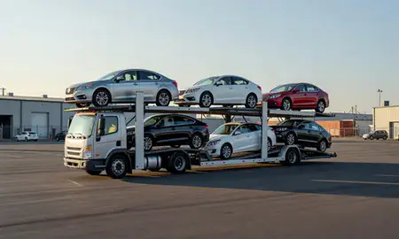 Car transporter loaded with vehicles in Newark, New Jersey, United States