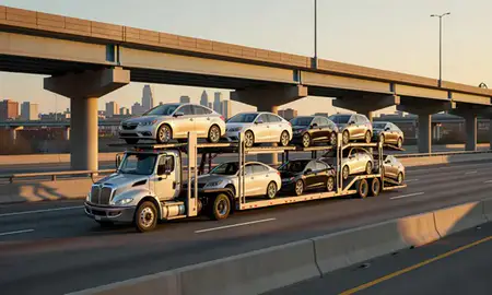 Car transporter with the Newark, New Jersey, United States skyline behind it