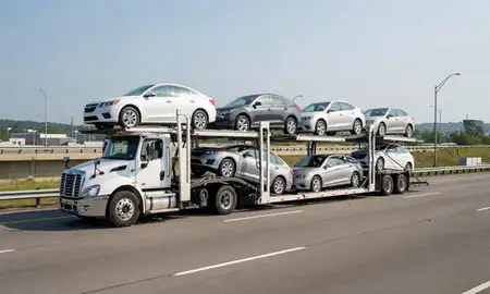 Multi-level car carrier on the highway to Passaic, New Jersey, United States