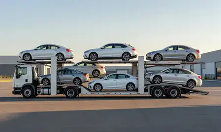Car transporter parked in an industrial area of Passaic, New Jersey, United States