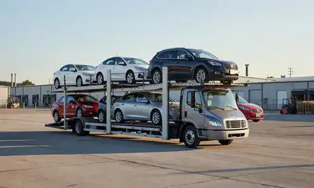 Car transporter loaded with vehicles in Passaic, New Jersey, United States