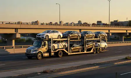 Car transporter with the Passaic, New Jersey, United States skyline behind it