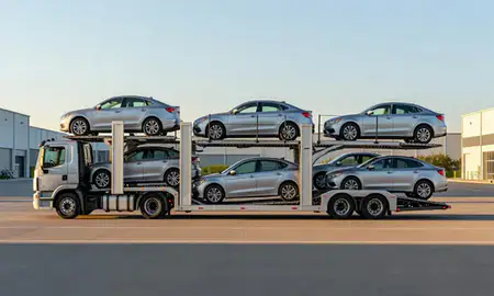 Car transporter parked in an industrial area of Paterson, New Jersey, United States