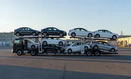 Car transporter loaded with vehicles in Paterson, New Jersey, United States