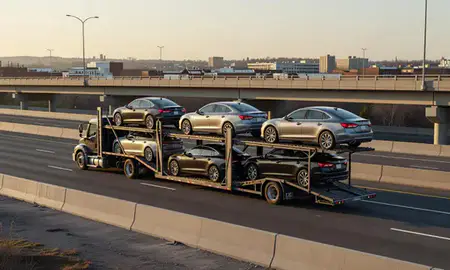 Car transporter with the Paterson, New Jersey, United States skyline behind it