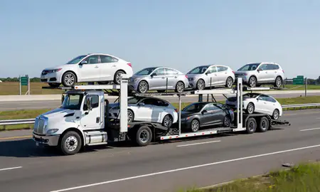 Multi-level car carrier on the highway to Perth Amboy, New Jersey, United States