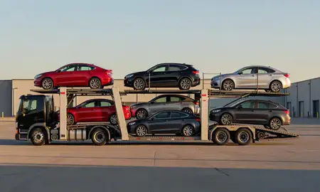 Car transporter parked in an industrial area of Perth Amboy, New Jersey, United States