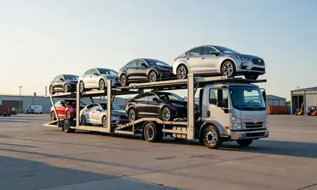 Car transporter loaded with vehicles in Perth Amboy, New Jersey, United States