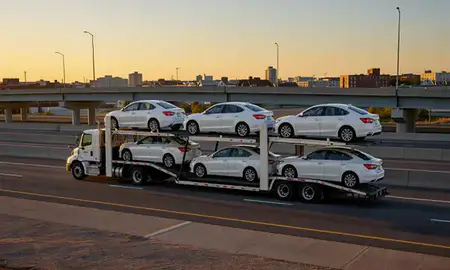 Car transporter with the Perth Amboy, New Jersey, United States skyline behind it