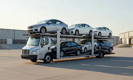Car transporter loaded with vehicles in Plainfield, New Jersey, United States