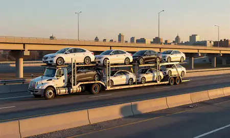 Car transporter with the Plainfield, New Jersey, United States skyline behind it