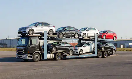 Car transporter loaded with vehicles in Princeton, New Jersey, United States
