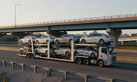Car transporter with the Princeton, New Jersey, United States skyline behind it