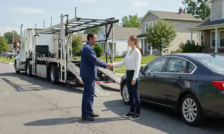 Vehicle owner beside their delivered car in Rahway, New Jersey, United States