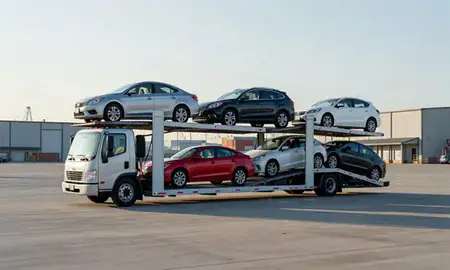 Car transporter loaded with vehicles in Rahway, New Jersey, United States