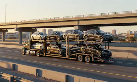 Car transporter with the Rahway, New Jersey, United States skyline behind it