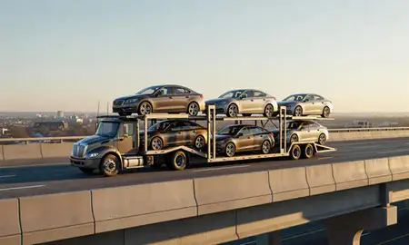 Car transporter with the Sayreville, New Jersey, United States skyline behind it