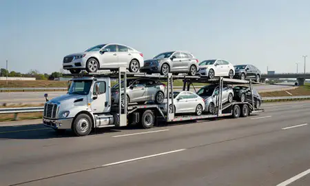 Multi-level car carrier on the highway to Trenton, New Jersey, United States