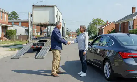 Vehicle owner beside their delivered car in Trenton, New Jersey, United States