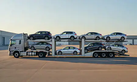 Car transporter parked in an industrial area of Trenton, New Jersey, United States