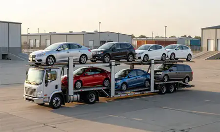 Car transporter loaded with vehicles in Trenton, New Jersey, United States