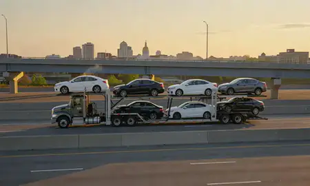 Car transporter with the Trenton, New Jersey, United States skyline behind it