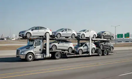Multi-level car carrier on the highway to Union City, New Jersey, United States