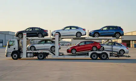 Car transporter parked in an industrial area of Union City, New Jersey, United States
