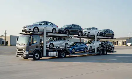 Car transporter loaded with vehicles in Union City, New Jersey, United States